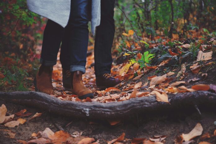 Photo by Takahiro Sakamoto a man and a woman walking in the woods