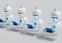 “AI로 똑똑하게 건강 챙기기… 일상에서 실천하는 똑똑한 활용법” a group of white robots sitting on top of laptops