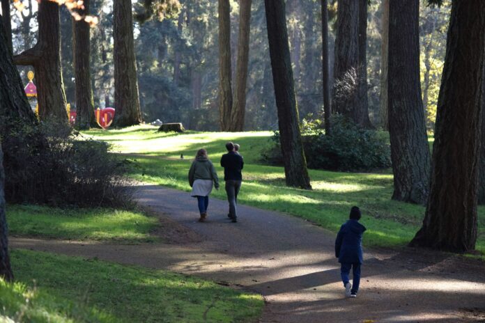 Photo by fr0ggy5 a group of people walking down a path through a forest